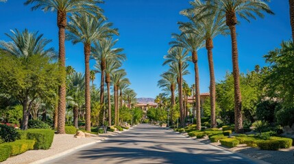Road through a neighborhood lined with palm trees and greenery