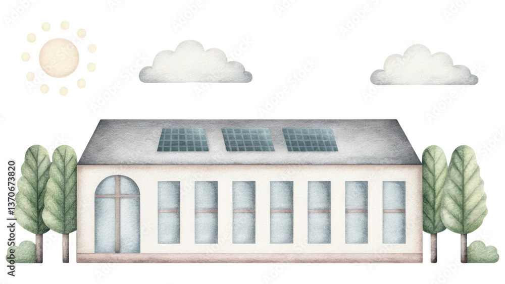Poster modern building with solar panels surrounded by trees in bright environment clip art isolated on tra