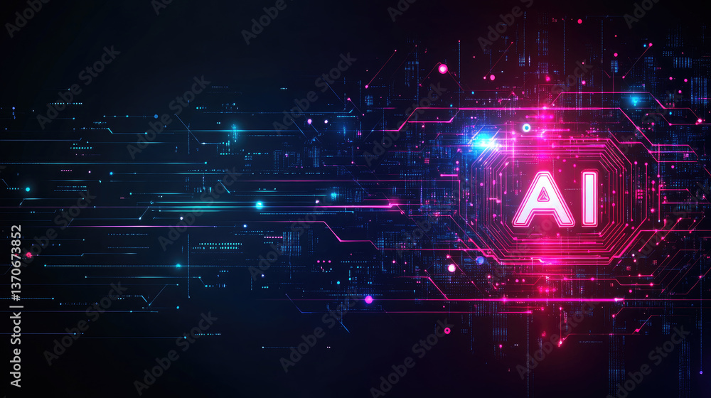 Poster neon glowing ai sign,designation, typography in a futuristic digital environment,symbolizing artific