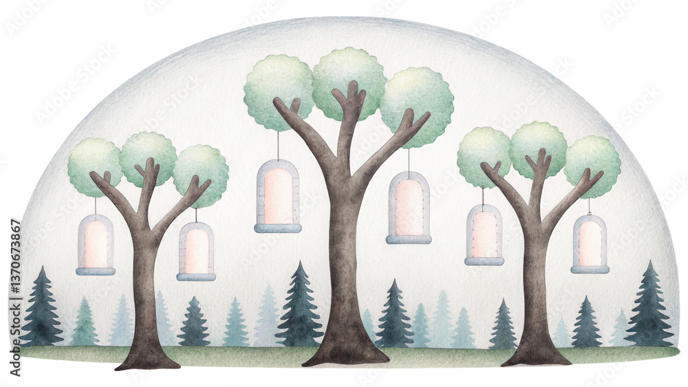 Poster whimsical trees with lanterns create serene environment in nature beauty. clip art isolated on trans