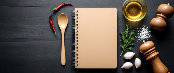 recipe book with assorted cooking ingredients on dark wood background