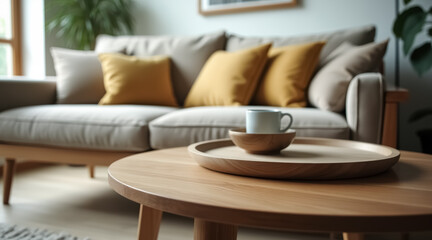 Fototapeta premium wooden tray with coffee cup on coffee table in living room