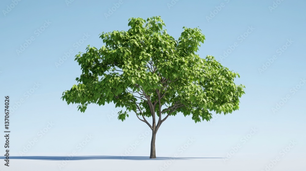 Poster low poly green tree against a light blue sky, rendered in a minimalist style with a light shadow. di