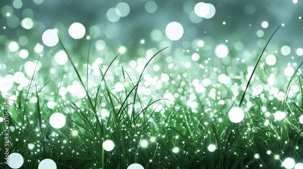 Poster close up of lush green grass illuminated by soft, glowing lights, creating a magical, dreamy atmosph