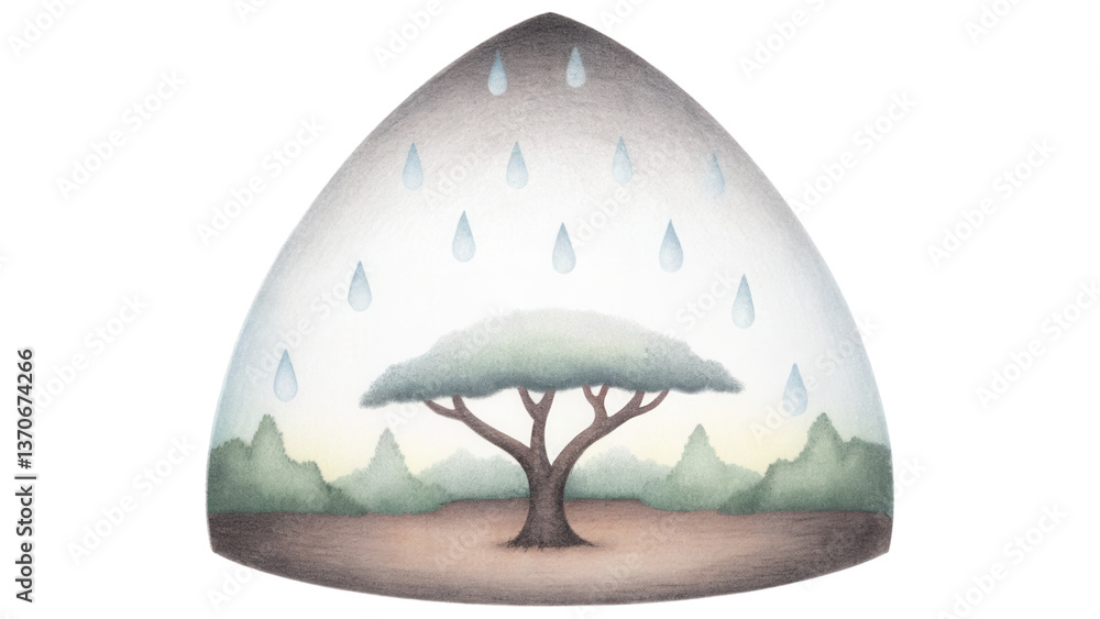 Poster serene environment showcases tree under gentle rain, symbolizing growth and tranquility. clip art is