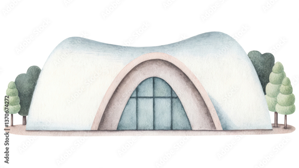 Poster modern architectural structure surrounded by trees creates serene environment. clip art isolated on 