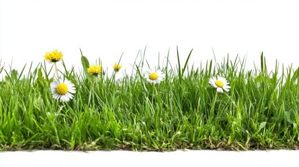Vibrant green grass with scattered white daisies and yellow dandelions against a stark white background. Lush, natural texture.
