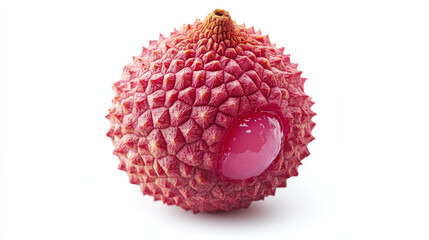 A fresh lychee fruit, captured in full detail, sits against a white background, displaying its vibrant pink shell and juicy texture