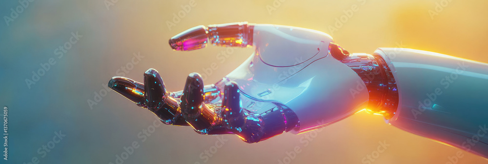 Poster futuristic robotic hand with glowing fingertip, symbolizing artificial intelligence, advanced techno