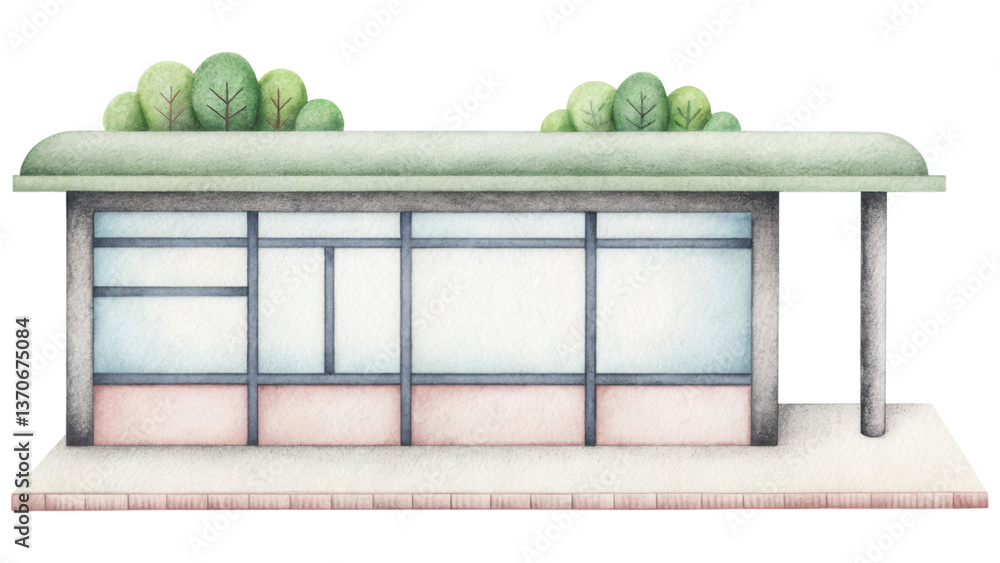 Aufkleber modern building with large windows and greenery on roof creates serene environment. clip art isolate