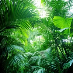 Fototapeta premium Lush green tropical foliage with vibrant leaves creating a dense canopy, sunlight filtering through the leaves, creating a bright and airy atmosphere.