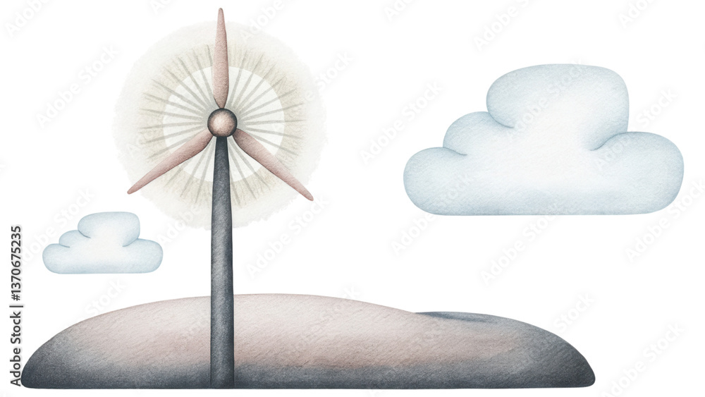 Poster serene environment featuring wind turbine surrounded by soft clouds and gentle hills. clip art isola
