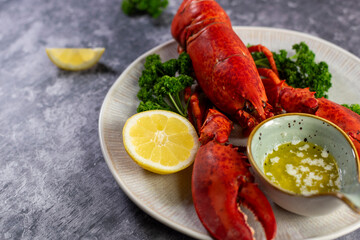 Close up of fresh steamed lobster with herbs