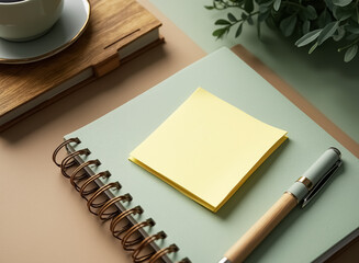 close-up of a green spiral notebook with yellow sticky note and pen