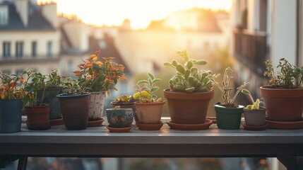 Several potted plants sit on a weathered wooden railing at sunset