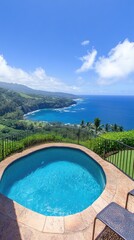 Pool overlooks a lush coast under a blue sky with scattered clouds, offering scenic views