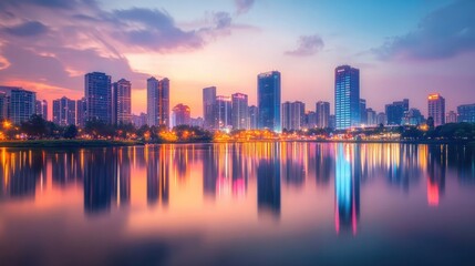 Fototapeta premium Vibrant City Skyline Reflection at Dusk Over Calm Water Surface