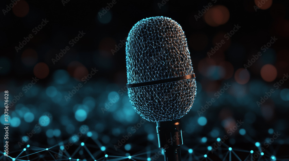 Poster a hologram microphone. the radio microphone consists of polygons, triangles of dots and lines. the m