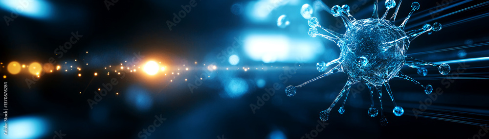 Poster exploring viral dynamics in a high-tech biology lab visualizing microbial interactions scientific re