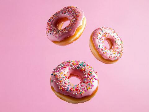 Three pink frosted donuts with colorful sprinkles float against pink background, creating playful and sweet scene