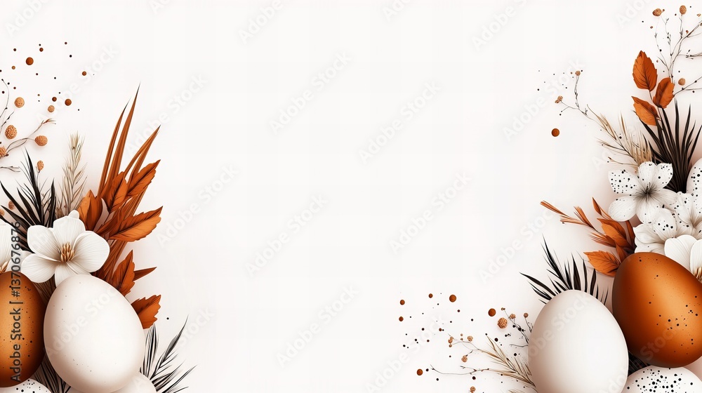 Poster decorated eggs are arranged symmetrically with flowers and foliage against a white background, creat