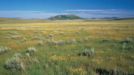 A vast open prairie scene features distant rolling hills and sky