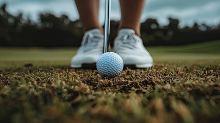 A close-up of a golf ball resting on a tee, with a golfer preparing to take the first shot on a sunny morning.