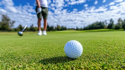 Close-up of Golf Ball on Green Setting with Golfer in Background