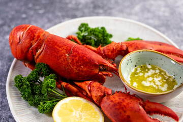 Close up of fresh steamed lobster with herbs