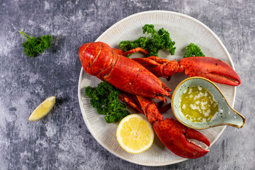Close up of fresh steamed lobster with herbs
