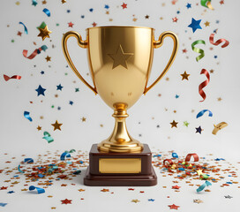 gold trophy cup with confetti