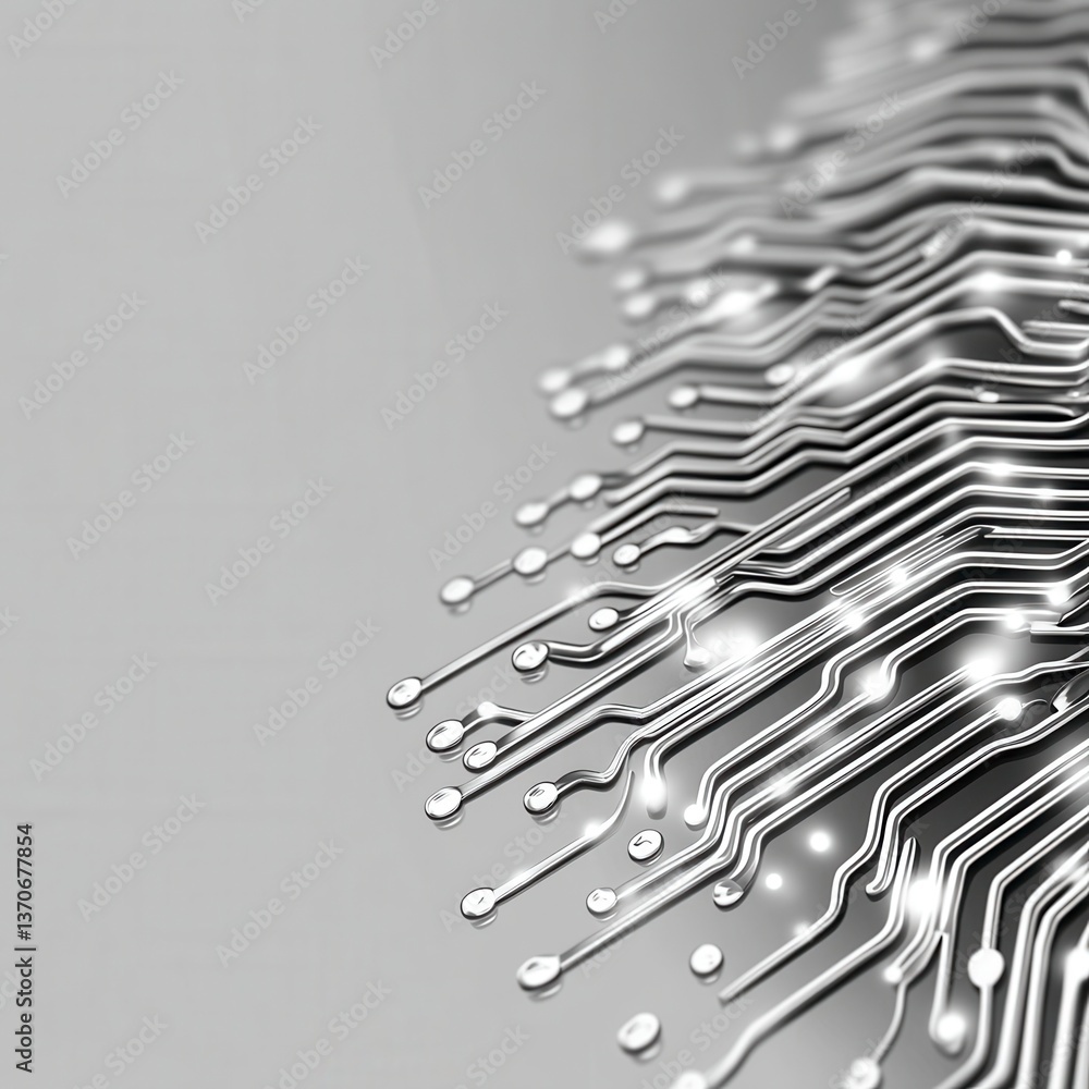 Poster close up view of a metallic circuit board with glowing connections on a gray background. the image f