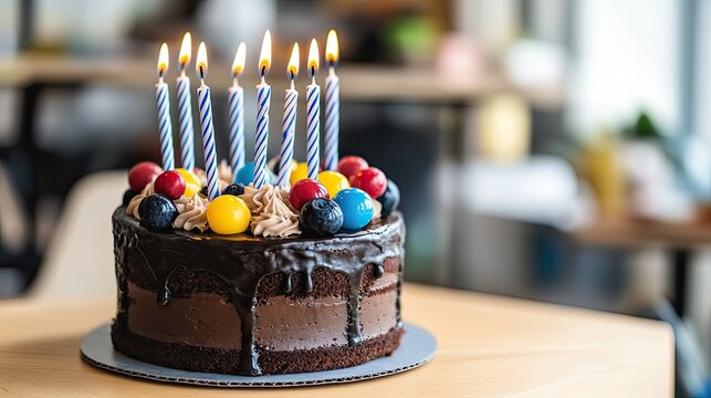 Delicious birthday cake with candles and colorful decorations