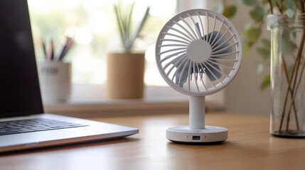 Portable and electric summer fan for office vector. Mini hand ventilator icon for table on battery. Handy climate equipment with propeller for airflow and ventilation. Cute childish compact device