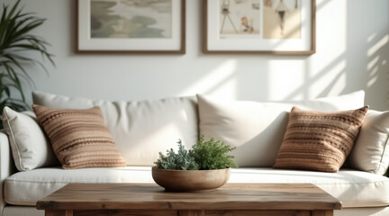 wooden coffee table with a bowl of plants sits in front of a beige sofa in a sunlit living room