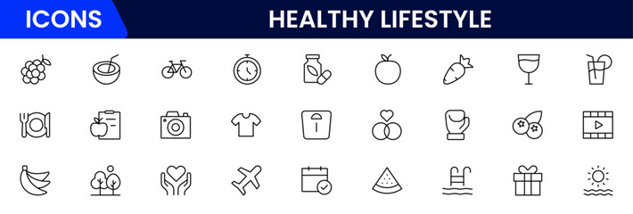 Healthy lifestyle icon set. Contains Icons for diet, exercise, sleep, running, routine, gym, nutrition, cardio exercises, sports supplements, yoga, self-care, culture, and hobbies.