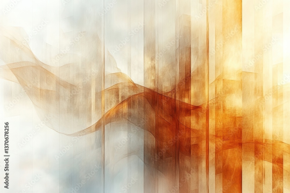 Poster abstract orange and gray wave patterns with vertical lines creating a tranquil atmosphere