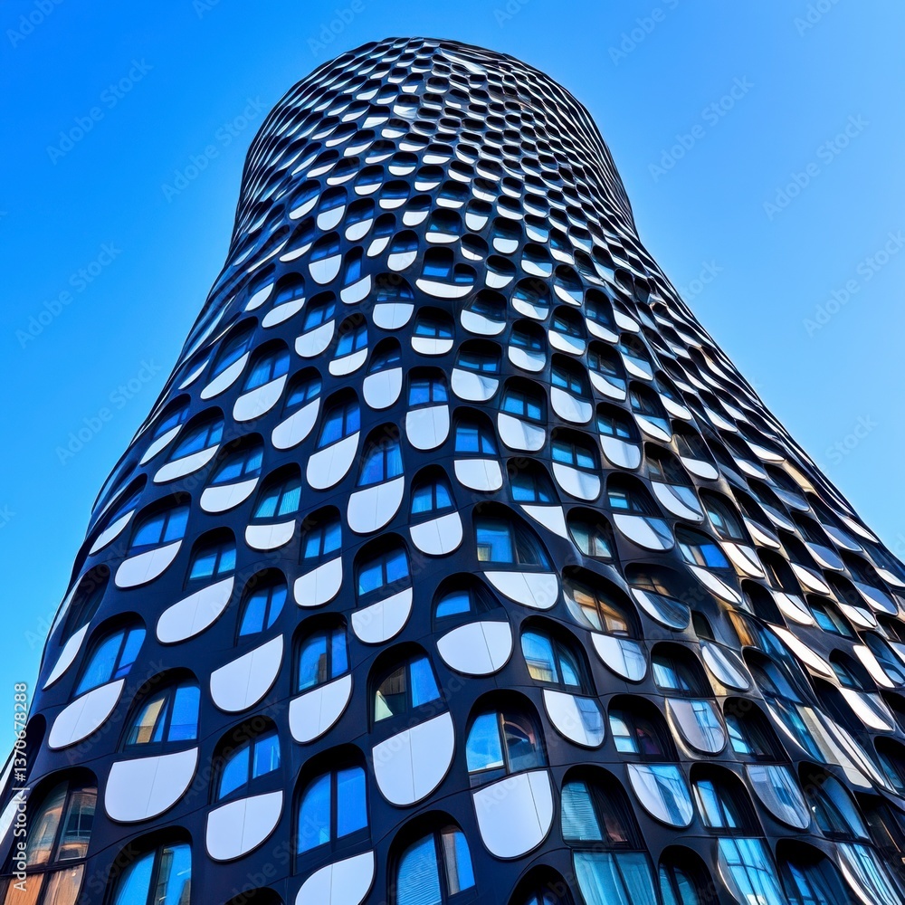 Poster low angle view of a modern, tall building with a unique facade featuring a repeating pattern of blac