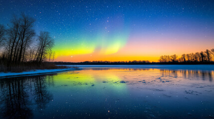 mesmerizing display of northern lights dances over frozen lake, reflecting vibrant colors in icy water. serene landscape is framed by silhouetted trees under starry sky