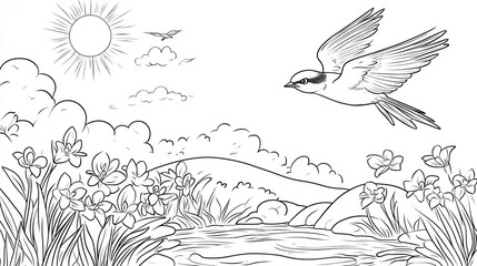 Springtime landscape with a bird in flight. Coloring book illustration