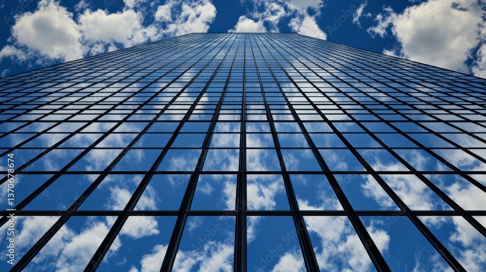 Aufkleber low angle view of a modern glass skyscraper reflecting a blue sky with fluffy white clouds. the imag