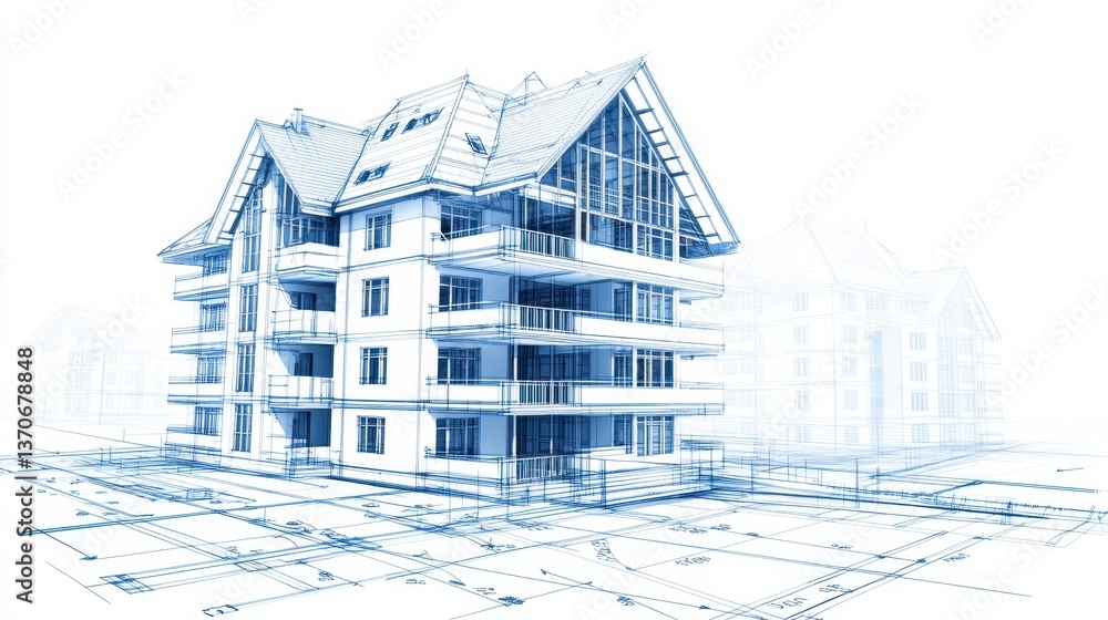 Poster blueprint style rendering of a modern house nestled in a wooded area, showcasing architectural detai