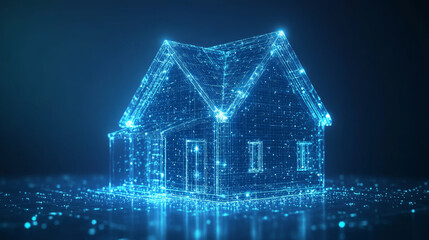 Creative smart house hologram on blue background. Artificial intelligence and virtual assistant concept. 3D Rendering
