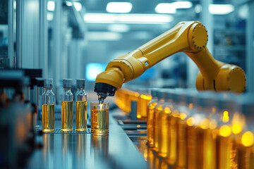 Futuristic robotic arm handling a vial of red liquid in an advanced pharmaceutical manufacturing facility. AI-driven biotechnology, automated drug production, precision engineering,innovation medical