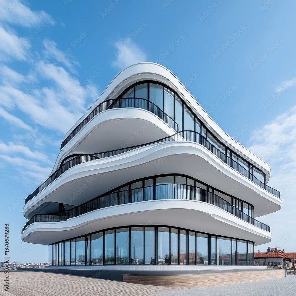 Poster modern white building with curved architecture, large windows, and multiple levels against a clear b