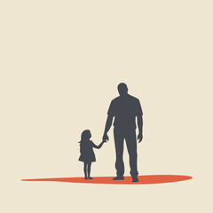 vector illustration of a father and child silhouette holding hands on a single color background