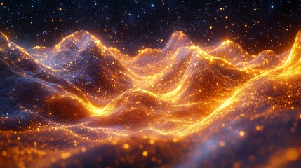 Obraz premium A glowing 3D digital landscape with particles moving in intricate patterns, representing big data visualization and information flow in an abstract digital environment 