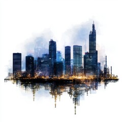 Naklejka premium Night cityscape watercolor painting, dark silhouettes of skyscrapers reflected in water, soft light, urban scene, modern architecture, detailed city skyline.