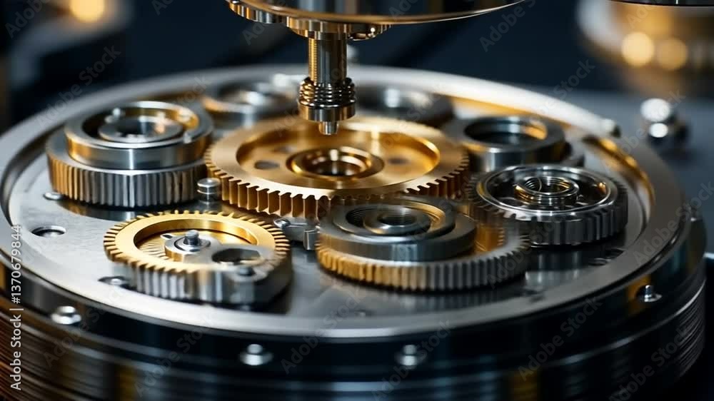 Poster close up detailed shot of interlocking gold and silver gears rotating in dark setting