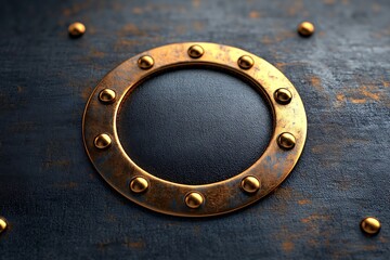 A button with a metallic texture and rivets, giving an industrial and sturdy appearance, suited for a robust interface